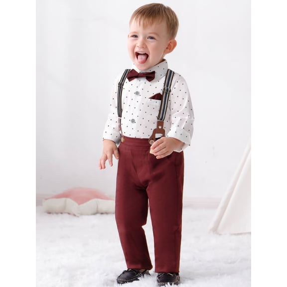 CARETOO Toddler Boy Suits Outfit 1-6T Toddler Baby Boy Formal Dress Shirt Suspender Pants Bowtie 3PCS Baptism Church Clothes