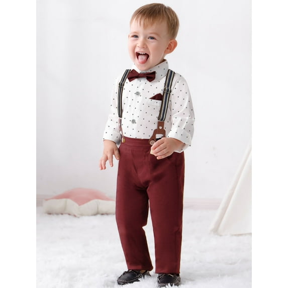 CARETOO Toddler Boy Suits Outfit 1-6T Toddler Baby Boy Formal Dress Shirt Suspender Pants Bowtie 3PCS Baptism Church Clothes