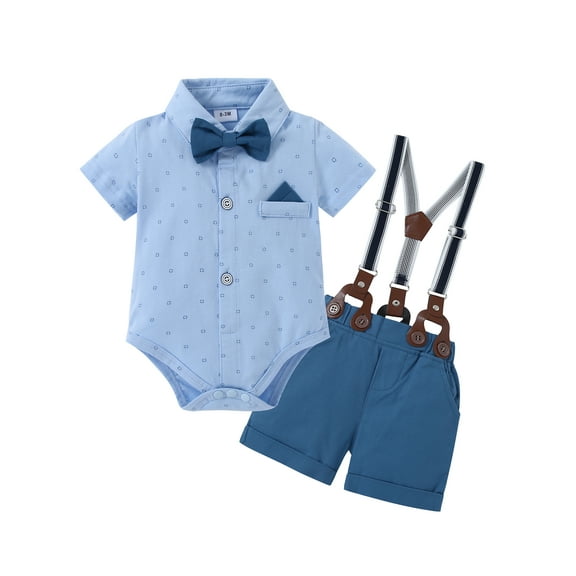 CARETOO Boy Clothes Suit Dress Shirt Shorts Suspender Pants Formal Wave Point Cotton Fabric 0-18M