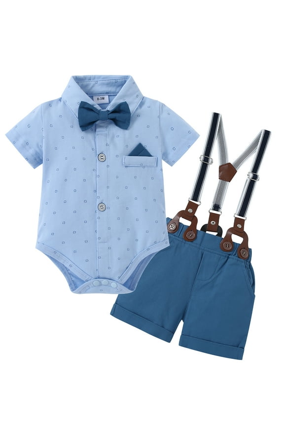 Boy Clothes Suit Dress Shirt Shorts Suspender Pants Formal Wave Point Cotton Fabric 0-18M
