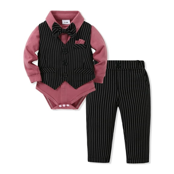 CARETOO Boy Clothes Suit Formal Cotton Fabric Outfit Onesie Striped Shirt Tie Waistcoat Pants 4Pcs