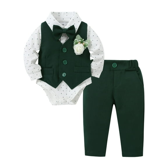 CARETOO Boy Clothes Suit Infant Formal Outfit Shirt Tie Waistcoat Pants Corsage Cotton Fabric 5PCS