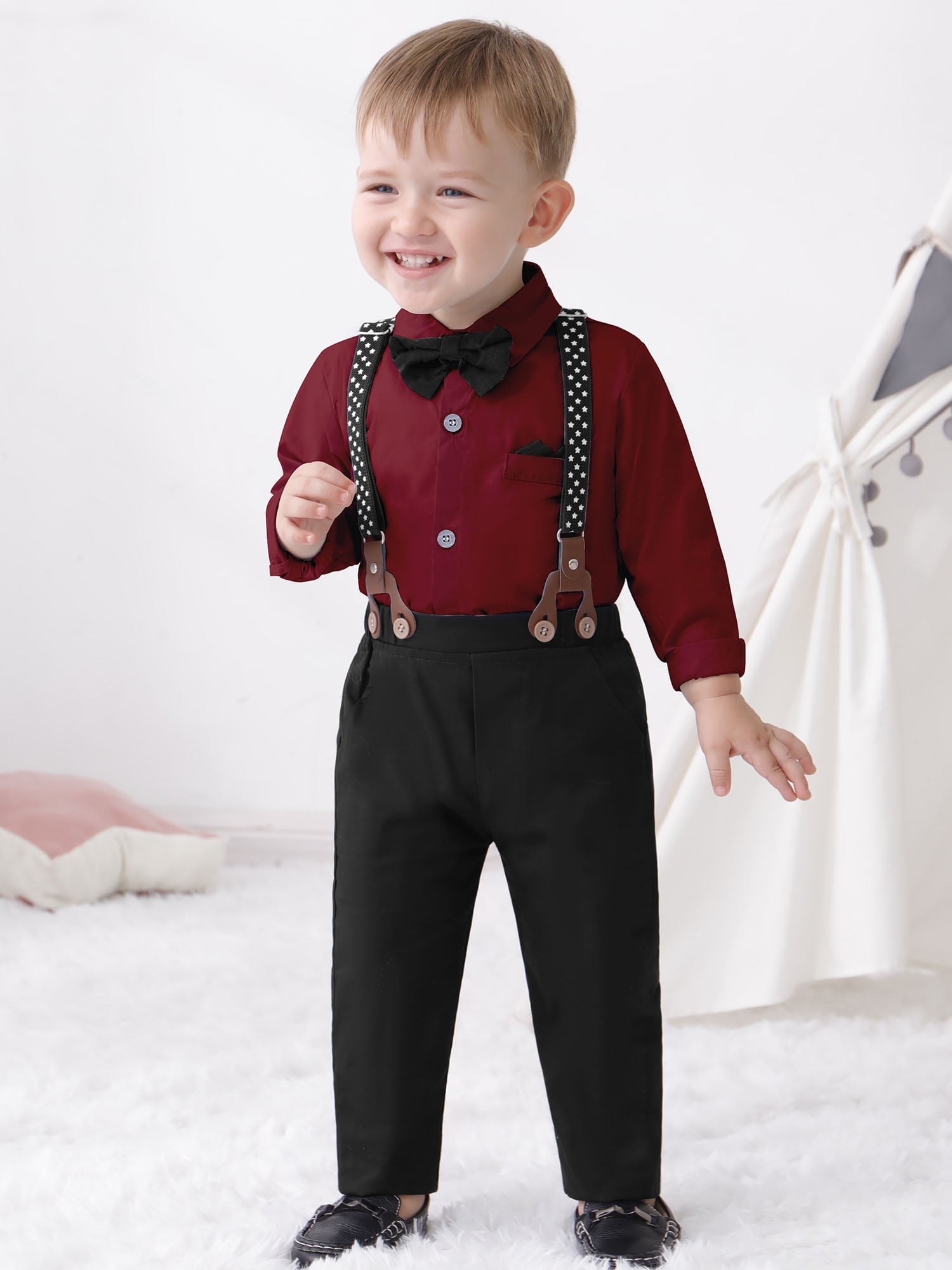 CARETOO Toddler Boy Suits Outfit 1-6T Toddler Baby Boy Formal Dress Shirt Suspender Pants Bowtie 3PCS Baptism Church Clothes