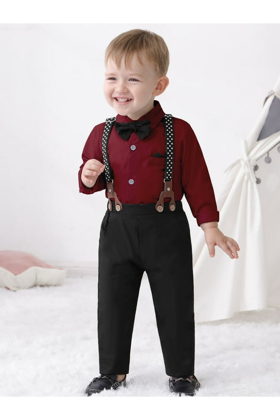 Toddler Boy Suits Outfit 1-6T Toddler Baby Boy Formal Dress Shirt Suspender Pants Bowtie 3PCS Baptism Church Clothes