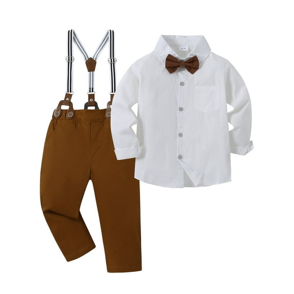 CARETOO Boy Clothes Suits 3Pcs Set Formal Shirt Bowtie Suspender Pants Big Kid Cotton Outfits 6-10T