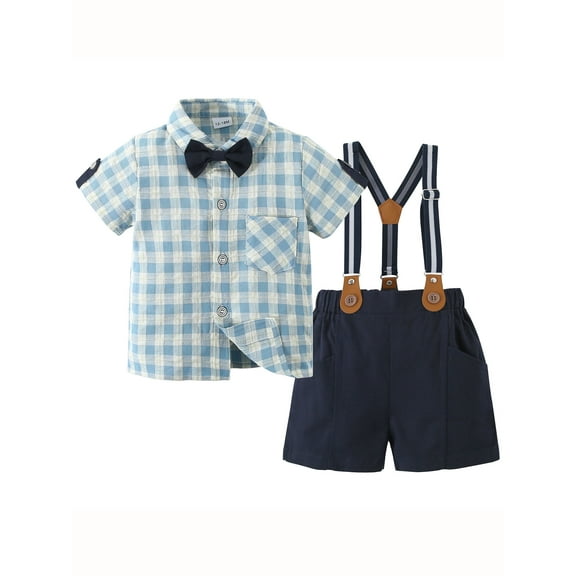 CARETOO Boy Clothes Suits Formal Toddler Plaid Dress Shirt Shorts Bowtie Infant Cotton Fabric Set