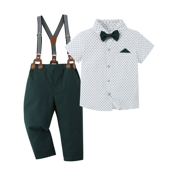 CARETOO Boy Clothes Suits Toddler Dress Shirt Bowtie Suspender Pants Outfit Sets Formal Wedding 6-10T 95Cotton