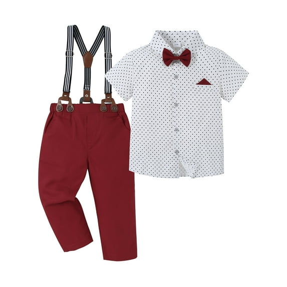 CARETOO Boy Clothes Suits Toddler Dress Shirt Bowtie Suspender Pants Outfit Sets Formal Wedding 6-10T 95Cotton