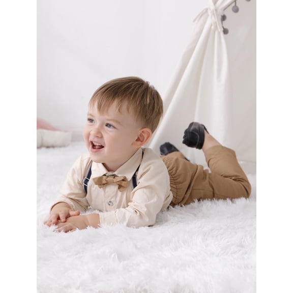 CARETOO Toddler Boy Suit Clothes Set Baby Boy Formal Wear Shirt Bowtie Suspender Pants Wedding 1-5T 3pcs Church Baptism Outfit