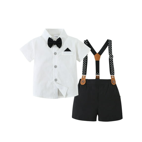 CARETOO Boy Clothes Toddler Formal Short Shirt Tie Suspender Shorts Wedding Outfits Cotton Fabric