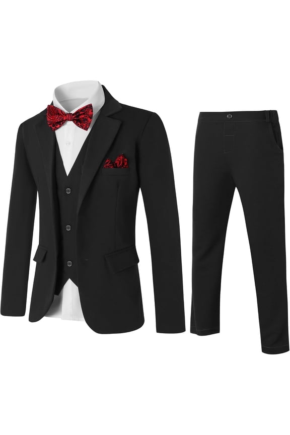 Boy Suit 6 Pcs Boy Formal Wear Including Vest,Pants, Dress Shirt,Kerchief and Bow Tie for Formal Occasions Size 8t