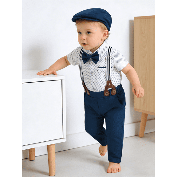 CARETOO Boys Clothes Set 0-18M Infant Formal Outfit Infant 4pcs Tuxedo Dress Shirt Suspender Pants Bowtie Hat