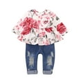 thumbnail image 1 of CARETOO Girl Clothes Outfits Toddler Baby Ruffle Sleeve Floral T-Shirt Tops Ripped Jeans Pants Set, 1 of 7