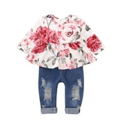 CARETOO Girl Clothes Outfits Toddler Baby Ruffle Sleeve Floral T-Shirt Tops Ripped Jeans Pants Set