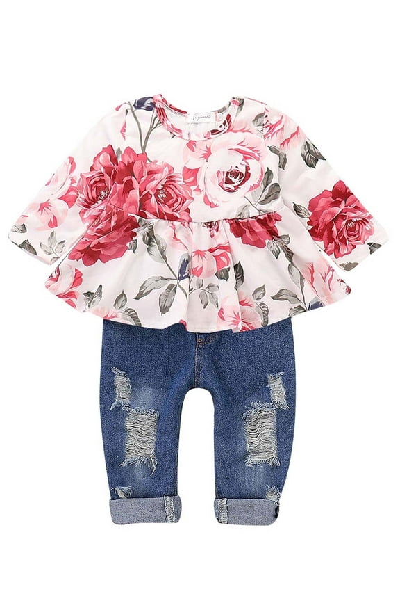 Girl Clothes Outfits Toddler Baby Ruffle Sleeve Floral T-Shirt Tops Ripped Jeans Pants Set