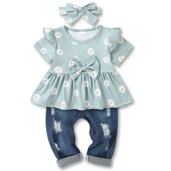 CARETOO Girl Clothes Outfits Toddler Baby Ruffle Sleeve Floral T-Shirt Tops Ripped Jeans Pants Set