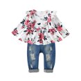 thumbnail image 1 of CARETOO Girl Clothes Outfits Toddler Baby Ruffle Sleeve Floral T-Shirt Tops Ripped Jeans Pants Set, 1 of 14