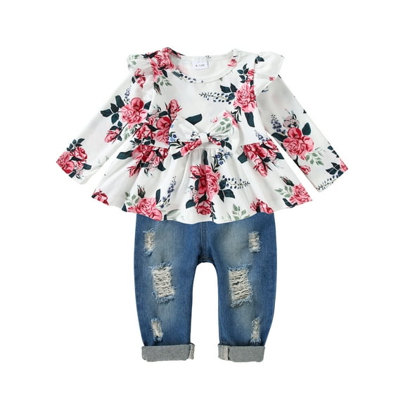 CARETOO Girl Clothes Outfits Toddler Baby Ruffle Sleeve Floral T-Shirt Tops Ripped Jeans Pants Set