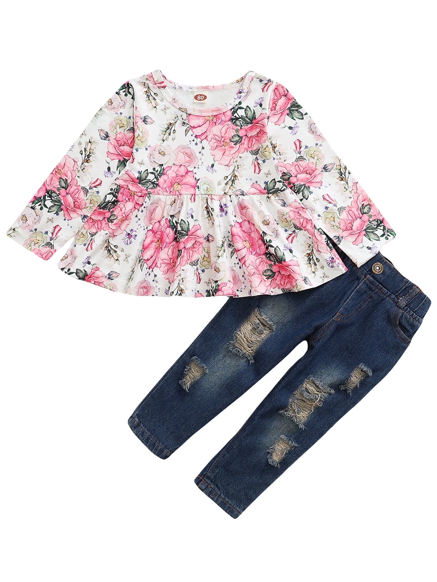 CARETOO Girl Clothes Outfits Toddler Baby Ruffle Sleeve Floral T-Shirt Tops Ripped Jeans Pants Set