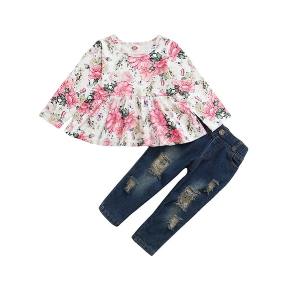 CARETOO Girl Clothes Outfits Toddler Baby Ruffle Sleeve Floral T-Shirt Tops Ripped Jeans Pants Set