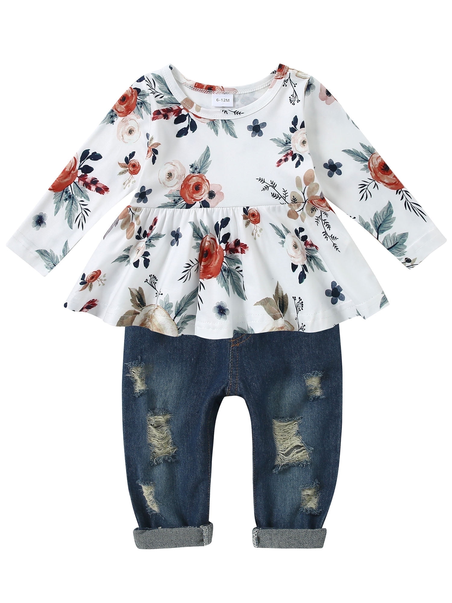 CARETOO Girl Clothes Outfits Toddler Baby Ruffle Sleeve Floral T-Shirt Tops Ripped Jeans Pants Set