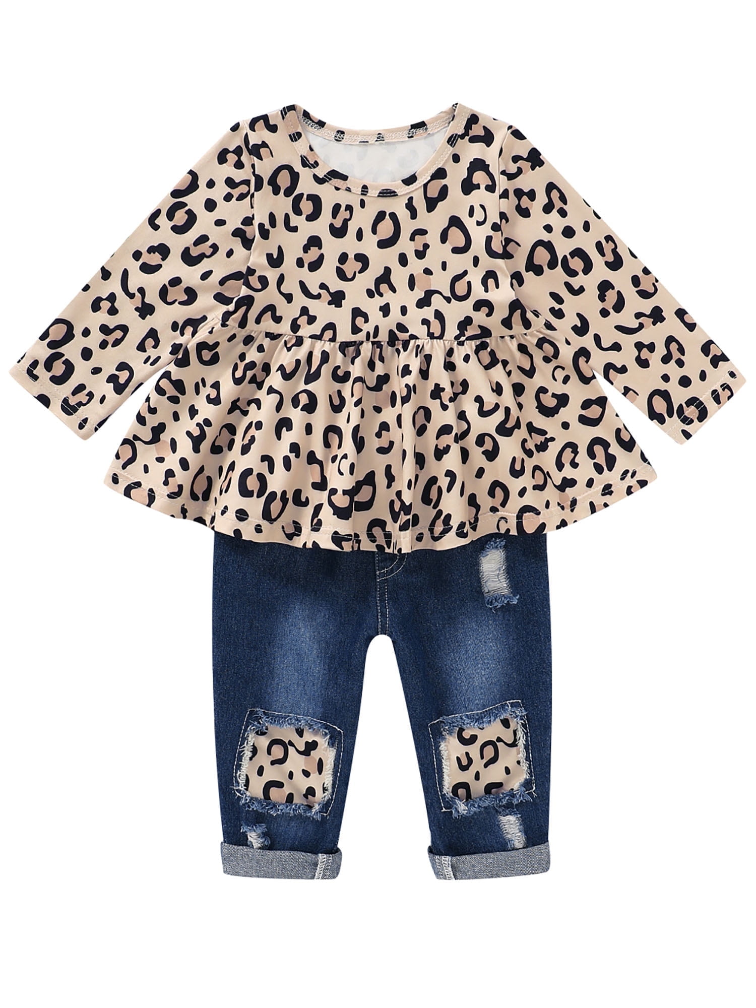 CARETOO Girl Clothes Outfits Toddler Baby Ruffle Sleeve Floral T-Shirt Tops Ripped Jeans Pants Set