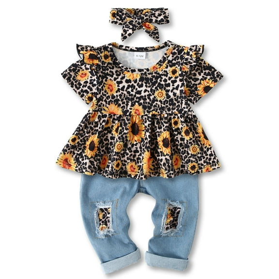 CARETOO Girl Clothes Outfits Toddler Baby Ruffle Sleeve Floral T-Shirt Tops Ripped Jeans Pants Set