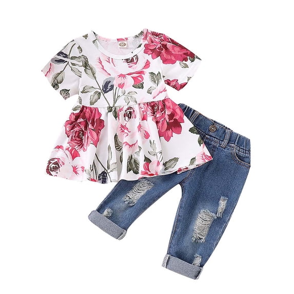 CARETOO Girls Clothes Casual Outfits Cute Short Sleeve Floral Ruffle Top 2pcs Denim Pant Set