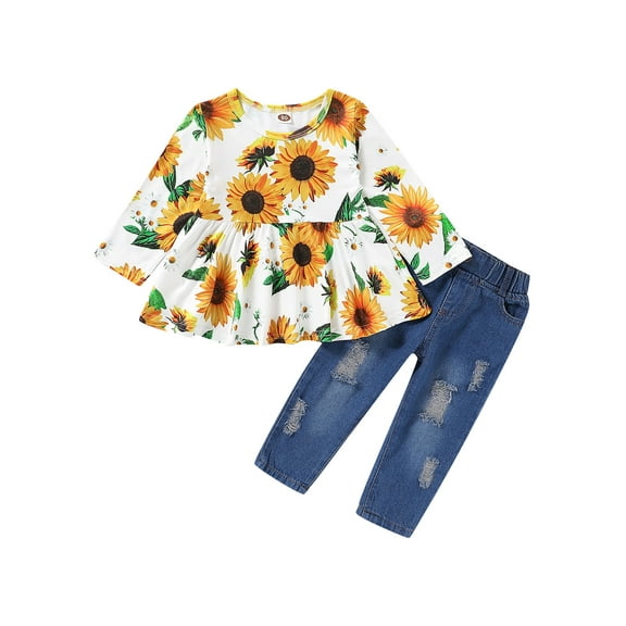 CARETOO Girls Clothes Outfit Casual Sunflower Pullover Ruffle Top Denim Jeans Pant Cotton Fabric Set