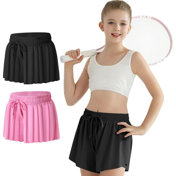 CARETOO Girls Flowy Athletic Shorts with Pocket Kids Spandex 2 in 1 Drawstring Butterfly Skorts for Cheer, Dance, Running 2pcs