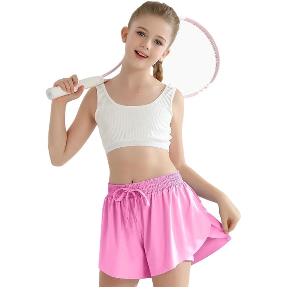 CARETOO Girls Flowy Athletic Shorts with Pocket Kids Spandex 2 in 1 Drawstring Butterfly Skorts for Cheer, Dance, Running