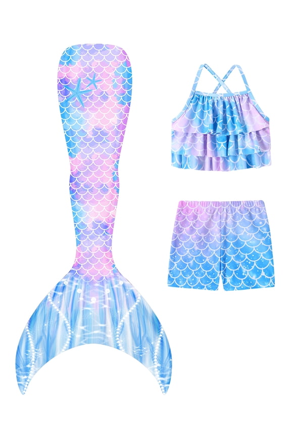 3Pcs Girls Swimsuits Mermaid Tail Suits Kids Multi Ruffled Trim Halter Mermaid Tail Swimsuit Colorful Fish Scale Pattern Costume Set Swimwear 4-10 Years