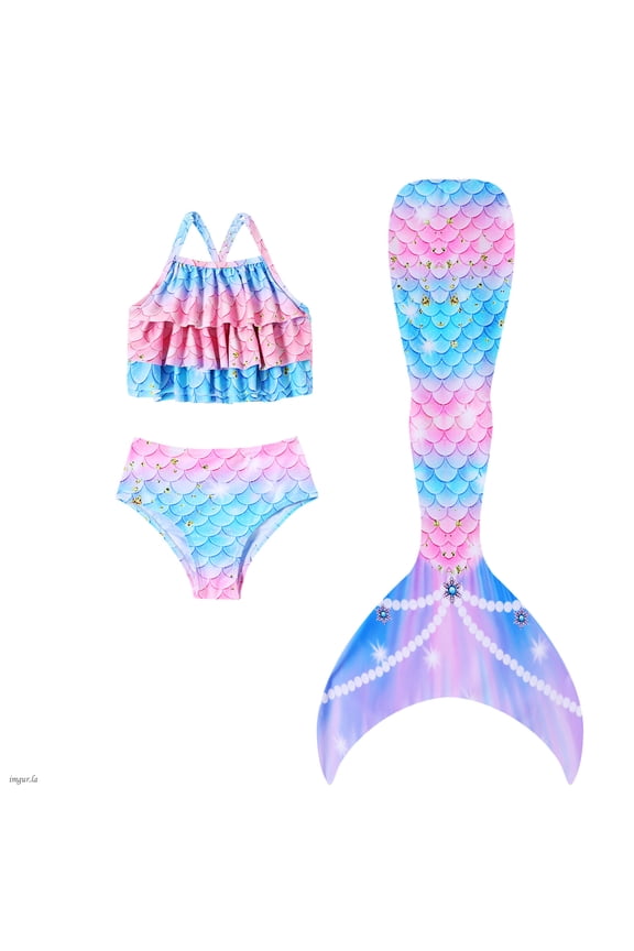 Girls Mermaid Tail Swimsuit For Swimming 3Pcs Kids Swimwear Sets Cute Ruffles Bikini Bathing Suit 4-10 Years