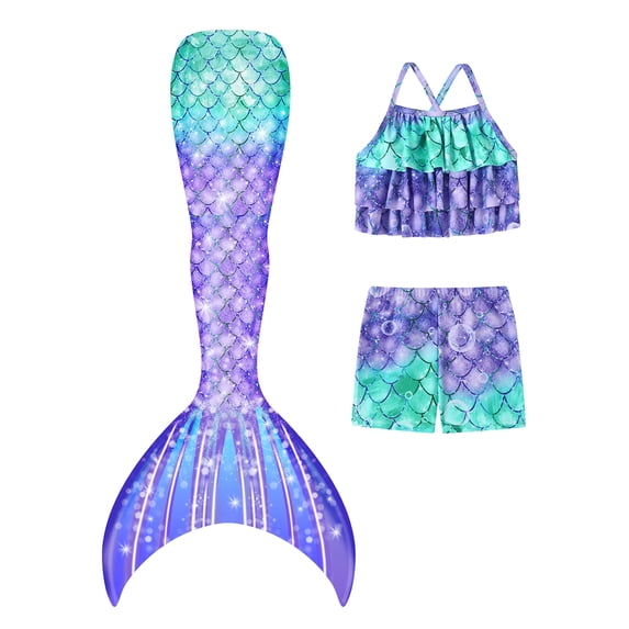 CARETOO Girls Swimsuit Mermaid Tail Swimming suits Kids Summer Tankini Set Multi Ruffled Trim Halter Colorful Fish Scale Pattern Set Swimwear 4-10 Years 3PCS Princess Bathing Suit