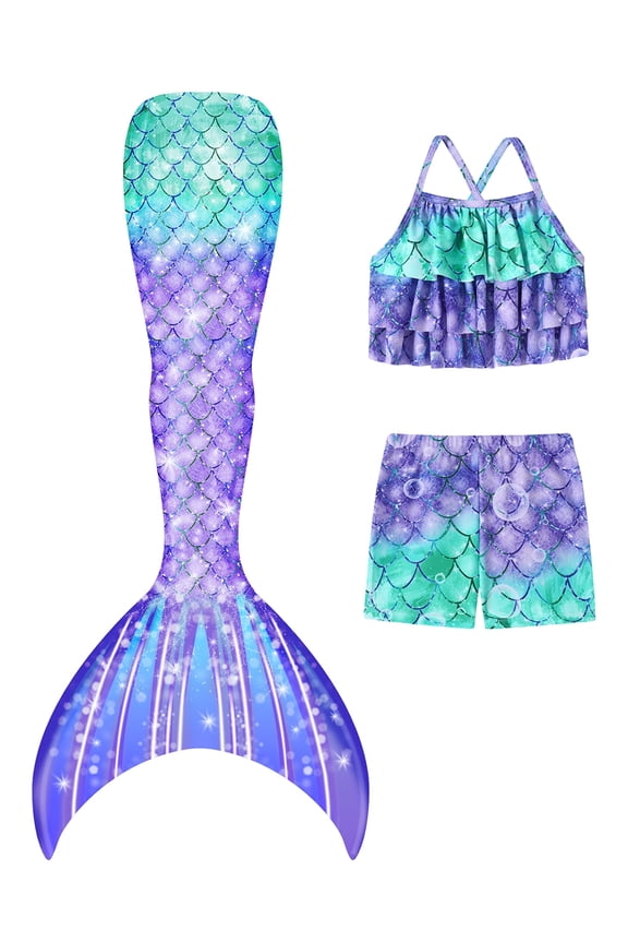 Girls Swimsuit 3PCS Mermaid Tail Swimming Suits Kids Summer Tankini Set Multi Ruffled Halter Colorful Fish Scale Pattern Swimwear 4-10 Years Princess Bathing Suit