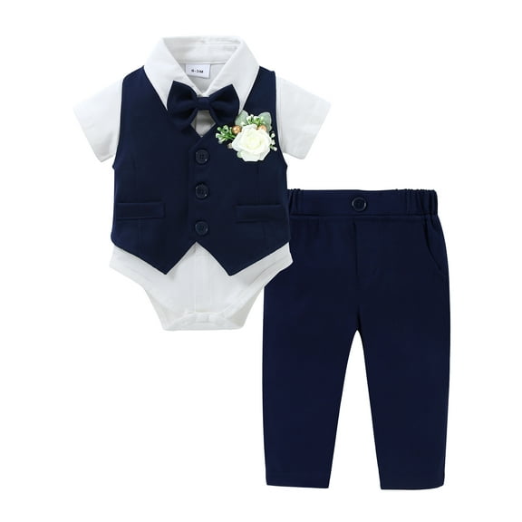 CARETOO Infant Baby Boy Clothes 5Pcs Set Dress Shirt Corsage Pants Vest Bowtie Cotton Fabric Suits