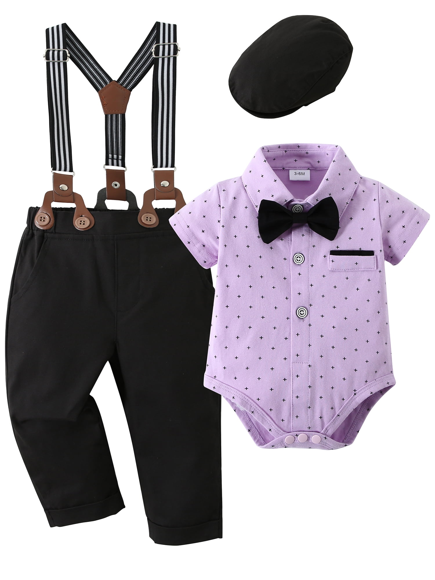 CARETOO Infant Boy Clothes Gentleman Dress Shirt Beret Hat Suspender Pants Bowtie Outfit 4Pcs 3