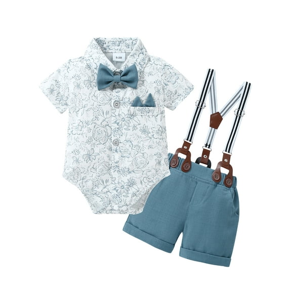 CARETOO Infant Boy Clothes Suit Newborn Formal Outfits Dress Shirt Bowtie Suspender Shorts 3Pcs Set