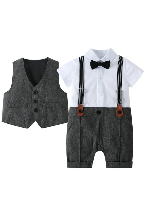 Infant Boy Outfits 4Pcs Newborn Tuxedo Short Sleeve Gentleman Wedding Jumpsuit Vest Bowtie