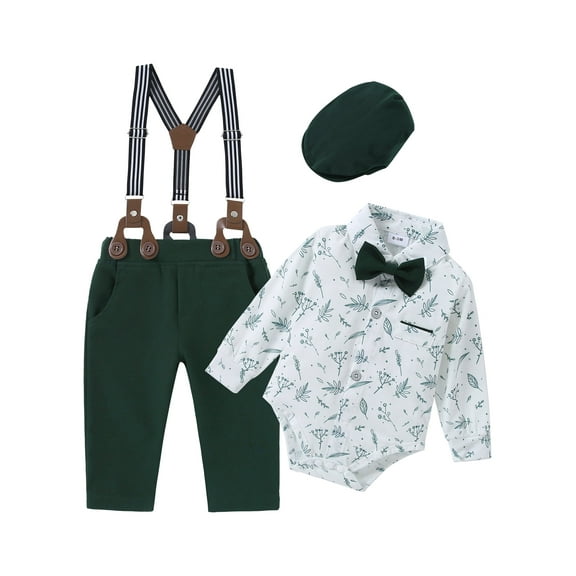 CARETOO Infant Boy Suit Formal Outfit 95% Cotton Tuxedo Long Sleeve Dress Shirt Pant Bowtie Hat 4pcs