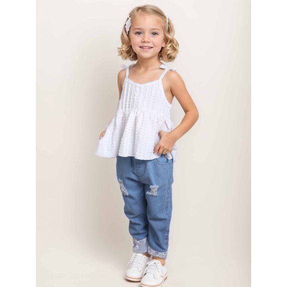 CARETOO Infat Baby Girl Cute Clothes 2Pcs Summer Outfit Ruffle Tops Ripped Jeans Suits Set