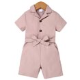 thumbnail image 1 of CARETOO Little Girls Summer Clothes Belt Short Sleeve Short Jumpsuit Turn Down Collar 2Pcs Set 4-7T, 1 of 13