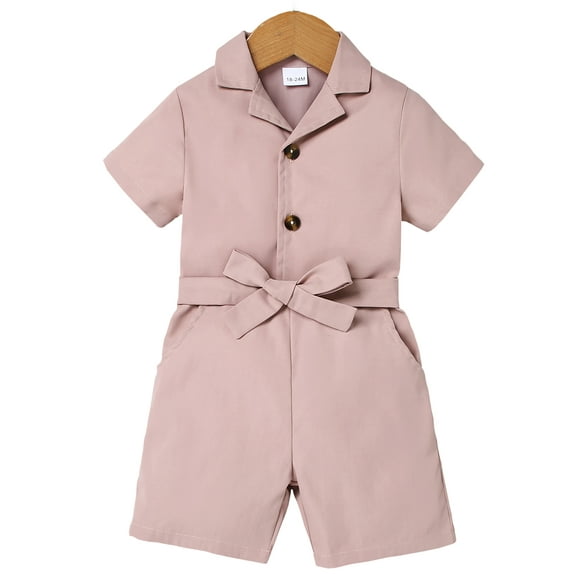 CARETOO Little Girls Summer Clothes Belt Short Sleeve Short Jumpsuit Turn Down Collar 2Pcs Set 4-7T