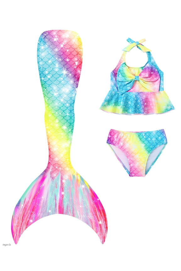Mermaid Tail for Swimming Mermaid Swimsuit For Girls 3Pcs Kids Swimwear With Mermaid Tail Cute Bikini Bathing Suit Sets 4-10 Years