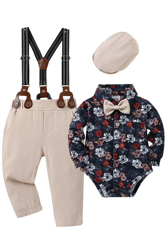 Newborn Baby Boy Clothes Formal Long Sleeve Floral Dress Shirt Suspender Pants Tie Outfit
