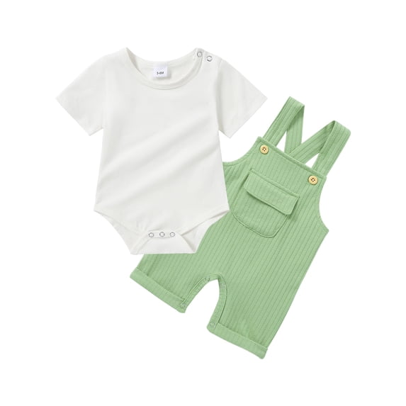 CARETOO Newborn Baby Boy Clothes Infant Boy Romper Summer Outfits 2Pcs Striped Top Overalls 0-18M