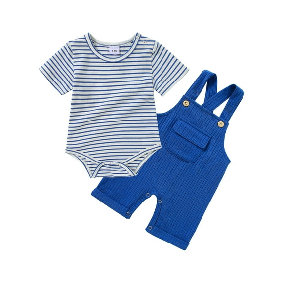 CARETOO Newborn Baby Boy Clothes Infant Boy Romper Summer Outfits 2Pcs Striped Top Overalls 0-18M