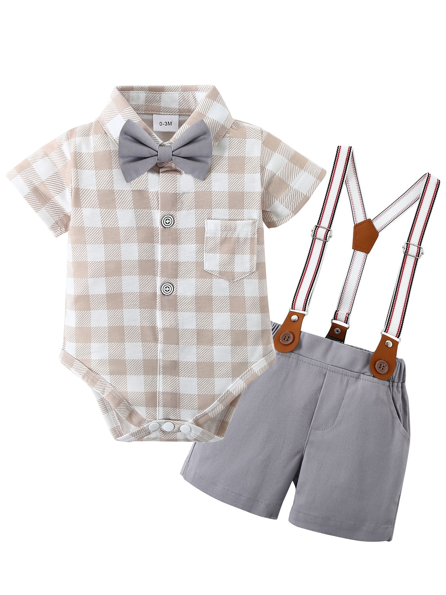 CARETOO Newborn Baby Boy Clothes Outfits Suits Plaid Bodysuit Shirts Suspender Shorts 12-18 Months