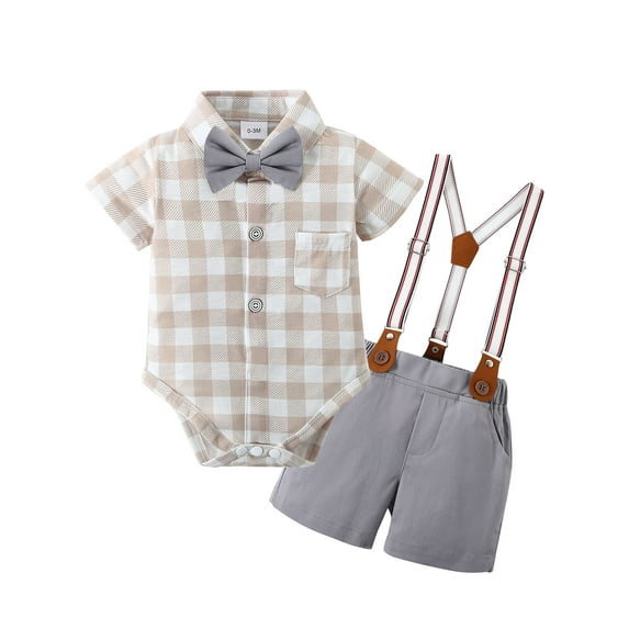 CARETOO Newborn Baby Boy Clothes Outfits Suits Plaid Bodysuit Shirts Suspender Shorts Bowtie 0-18M