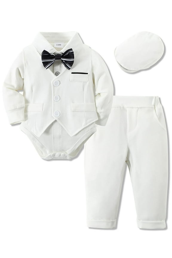 Newborn Baby Boy Clothes Suit Formal Outfits Suspender Pants Beret Hat Wedding Cotton Fabric